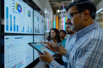An attentive business analyst is deeply focused on monitoring and interpreting complex financial data on multiple computer screens in a modern, technology-driven office environment.