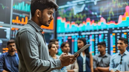 a young male analyst in a corporate setting, attentively reviewing real-time data analytics on a large digital screen, with his colleagues in the background participating in the analytical discussion.