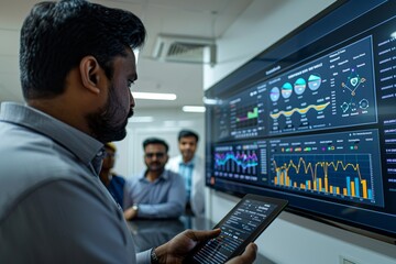 a young male analyst in a corporate setting, attentively reviewing real-time data analytics on a large digital screen, with his colleagues in the background participating in the analytical discussion.