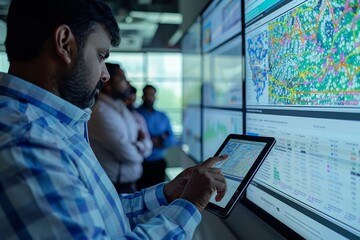 a young male analyst in a corporate setting, attentively reviewing real-time data analytics on a large digital screen, with his colleagues in the background participating in the analytical discussion.