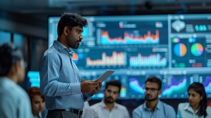 a young male analyst in a corporate setting, attentively reviewing real-time data analytics on a large digital screen, with his colleagues in the background participating in the analytical discussion.
