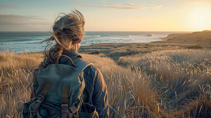 A woman with a backpack is standing on a grassy hill overlooking the ocean. The scene is serene and peaceful, with the sun setting in the background. The woman is enjoying the view - Powered by Adobe