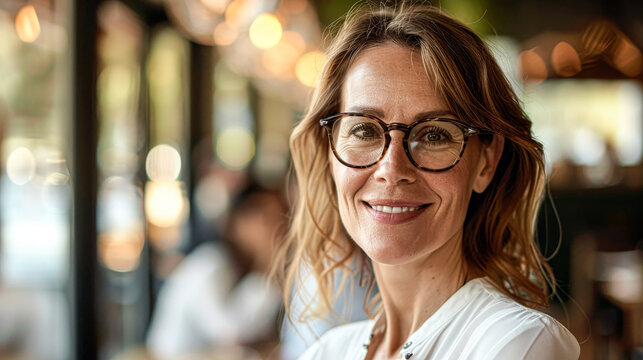 A woman wearing glasses is smiling and posing for a picture. She is wearing a white shirt and she is in a restaurant