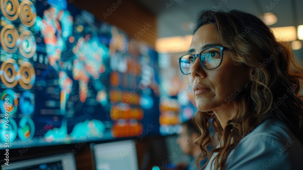 Fototapete A knowledgeable data analyst with glasses points out critical metrics on an interactive dashboard, facilitating a collaborative discussion with team members in a modern office setting.