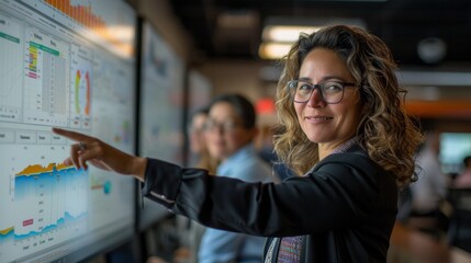 A knowledgeable data analyst with glasses points out critical metrics on an interactive dashboard, facilitating a collaborative discussion with team members in a modern office setting.