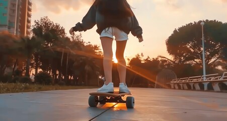 A woman is riding a skateboard on a sidewalk - obrazy, fototapety, plakaty