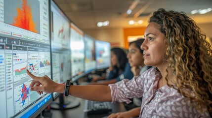 A knowledgeable data analyst with glasses points out critical metrics on an interactive dashboard, facilitating a collaborative discussion with team members in a modern office setting.