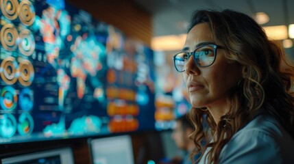 A knowledgeable data analyst with glasses points out critical metrics on an interactive dashboard, facilitating a collaborative discussion with team members in a modern office setting.