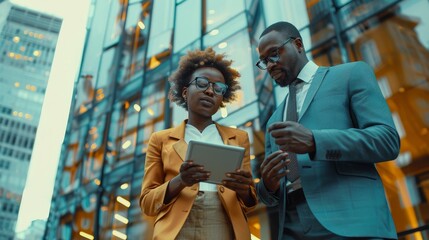 Fototapeta premium A young African American woman in a business suit is consulting with a senior executive in front of a modern glass office building reflecting the blue sky.