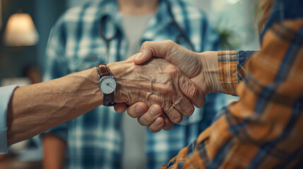 A man shakes hands with an older woman. The man is wearing a watch