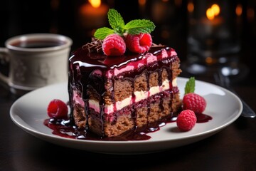 Vertical shot of a chocolate cake with raspberry decorations served on a white pla, generative IA - obrazy, fototapety, plakaty