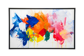 Colorful Abstract Artwork in Frame, Modern Splash Painting on Wall  - Isolated on Transparent White Background PNG
