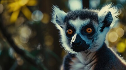 close up of lemur on tree branch, tropical forest defocus background