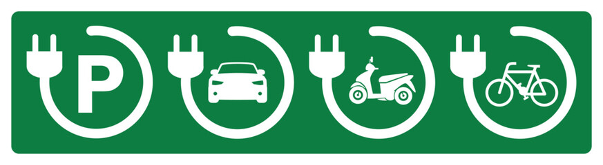 Electric charging point icons isolated on green background.	