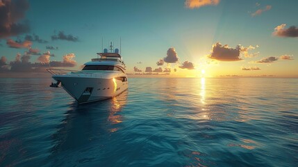 Obraz premium Elegant luxury yacht sailing on the open ocean at sunset with mesmerizing skies and stunning golden light, reflecting luxury and adventure.