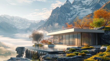 The house's modern architecture with glass walls overlooks a calm lake with stunning views of the forest and mountains, creating perfect harmony between contemporary design and nature.