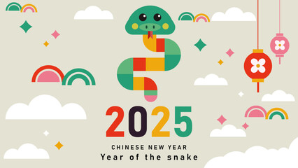 2025 Chinese New Year, year of the snake. Chinese zodiac snake in geometric flat modern style