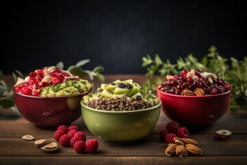 Healthy fresh fruit and nut muesli breakfast bowls assortment for a nutritious start