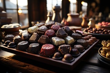 Superior view of chocolate chocolates with copy space, generative IA - obrazy, fototapety, plakaty