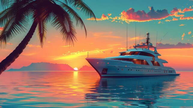 Elegant luxury yacht sailing on the open ocean at sunset with mesmerizing skies and stunning golden light, reflecting luxury and adventure.