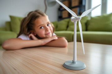 Girl leaning on table in living room and wind turbine miniature model. Renewable energy concept