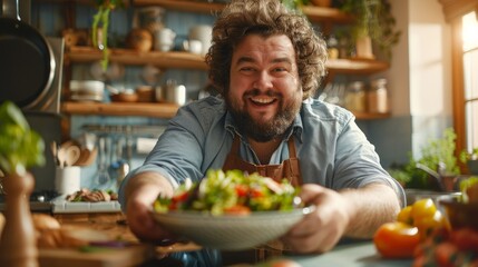 A cheerful man presents a bowl of fresh homemade salad, reflecting a healthy lifestyle and joy in cooking. - obrazy, fototapety, plakaty