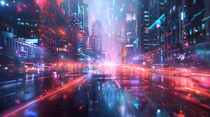 "Vibrant Neon Cityscape Abstract Background with Blurred Lights and Buildings"