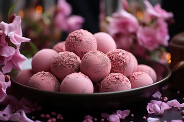 Upper view of chocolate chocolate balls and pink petals, generative IA