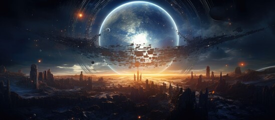 Futuristic cityscape with towering skyscrapers and advanced technology under a vast sky with a prominent full moon