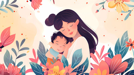 Happy Mother's day website banner.Mother hugging lovely daughter with flowers background.flat vector illustration.