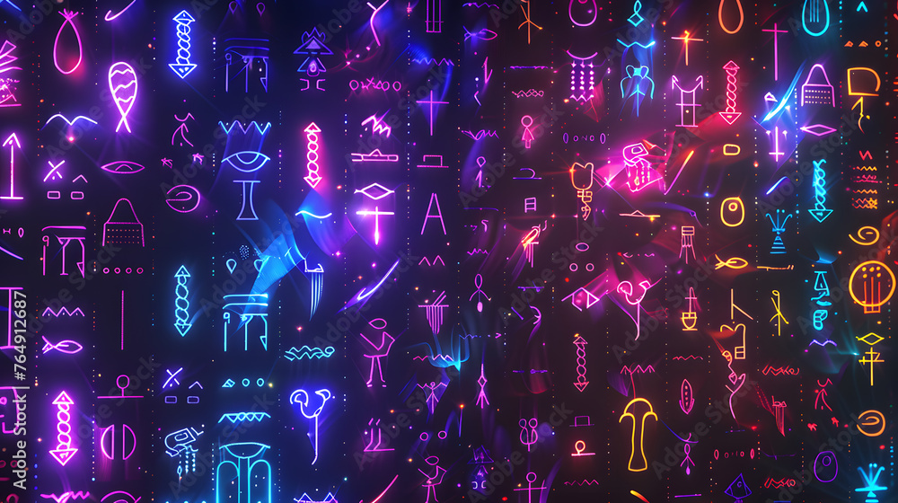Poster neon hieroglyphs illuminating abstract background - lighted symbols on dark surface