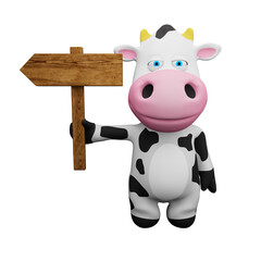 Udderly Helpful! 3D render of a  Cow Points left with Wooden Arrow Sign - Transparent Background