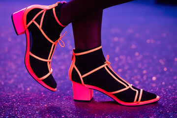 A fashionable woman at a fancy disco party wearing a pair of pink fluorescent glamorous high heels shoes. Lady standing in a dazzling, glowing stylish designer stiletto on a night out with the girls.