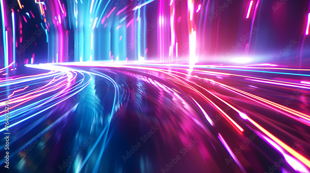 Poster colorful neon lights abstract background with dynamic streaks and slices.