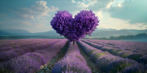 Heartshaped lavender tree symbolizes cancer awareness for survivors Copy space available. Concept Cancer Awareness, Lavender Tree, Survivor, Heart Shape, Copy Space - obrazy, fototapety, plakaty