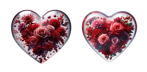3d realistic pink flower glass heart icon set, filled with isolated red roses and spring flowers on a transparent background.