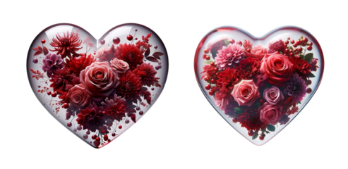 3d realistic pink flower glass heart icon set, filled with isolated red roses and spring flowers on a transparent background.