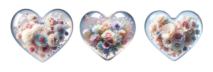 3d realistic pink flower glass heart icon set, filled with isolated pink roses and spring flowers on a transparent background.