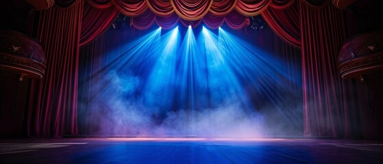Theater Stage with Blue Spotlight and Smoke