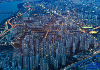 Aerial view of Seoul Downtown Skyline, South Korea. Financial district and business centers in smart urban city in Asia. Skyscraper and high-rise buildings. - 764914070