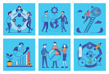 Flat Vector Illustrations of Business & Marketing Concepts, Analytics, Planning, Marketing Research, Work Communication, and Goal Setting. People Launching Projects and Studying Reports.
