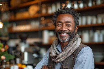 Fototapeta premium African American coffee shop owner, Proprietor of coffee shop, garbed in earth-toned waistcoat, exudes warmth, standing in his botanical adorned café, signaling morning readiness.