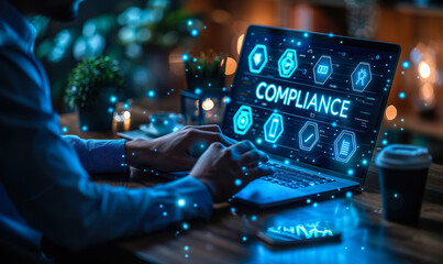 Business professional displays a holographic compliance concept with regulations icons, policies, and auditing on a laptop, importance of adhering to legal & ethical standards in corporate operations - obrazy, fototapety, plakaty