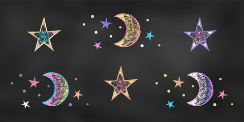 Realistic Chalk Drawn Sketch. Set of Combinations from Fragments of the Starry Sky Isolated on Chalkboard.