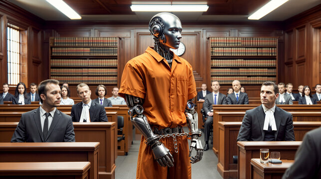 AI robot prisoner in orange jumpsuit, handcuffed, surrounded by lawyers and a judge, representing theme of robots and AI regulation. 