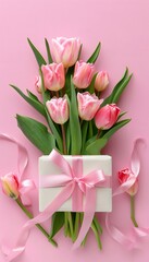 Tulips and Gift Box with Pink Ribbon on Pastel