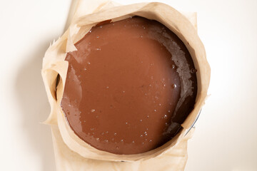 Chocolate topping in springform pan before chill. Cooking Salted Caramel Chocolate Cold Cake Series.