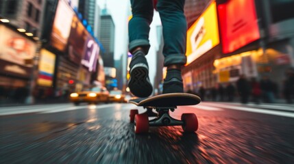 Skateboarder rides down a major city road