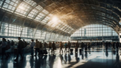 Lebendiges Flughafenterminal mit Menschen in Bewegung bei Tageslicht - Bewegungsunschärfe,  Langzeitbelichtung