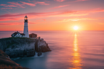 Fototapeta premium Beautiful lighthouse with a colorful sunset in an ocean view landscape AI Generative